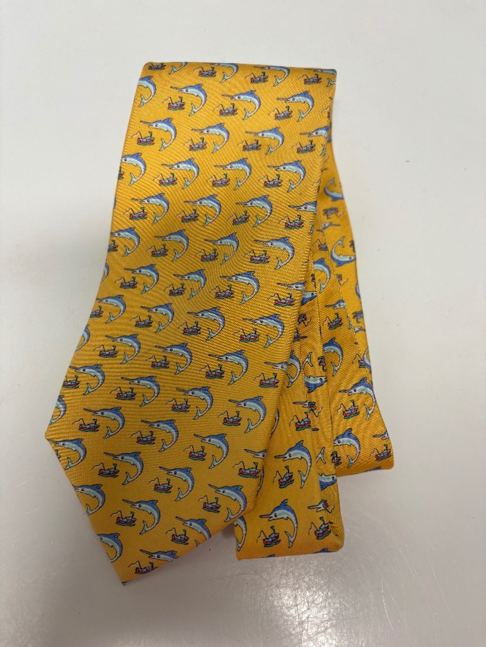 Meeting Street Yellow Fish Patterned Handmade Silk Tie